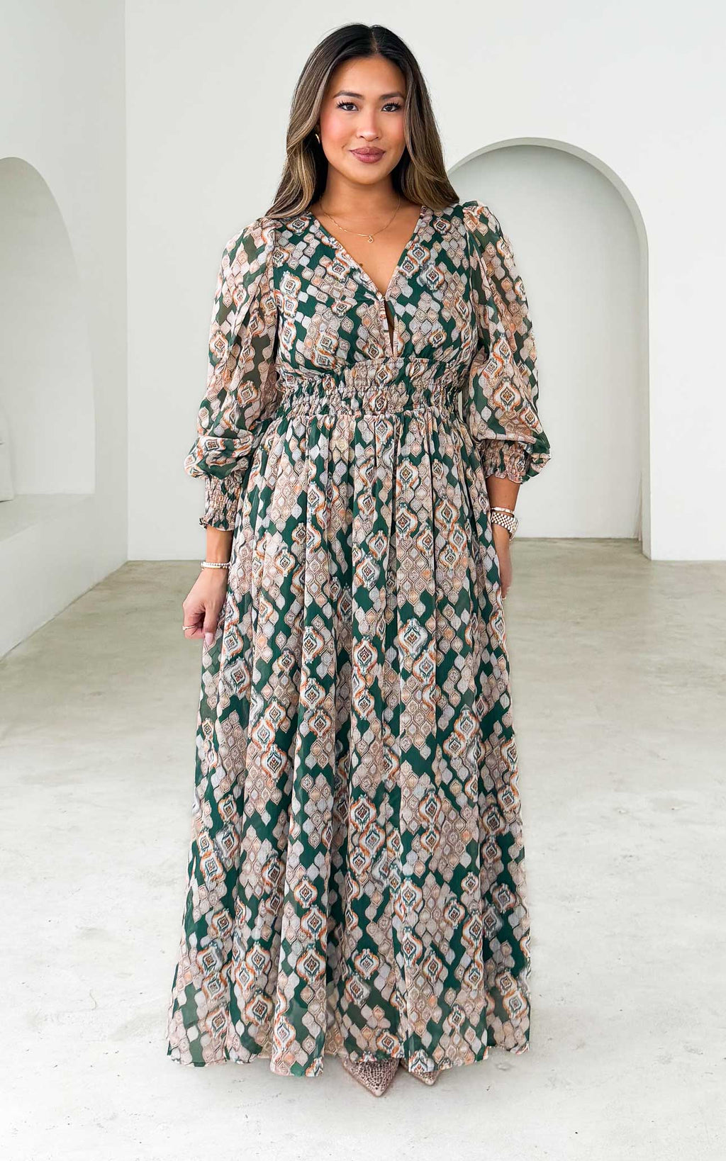 Monique Long Sleeve Maxi Dress - Emerald Gold Print