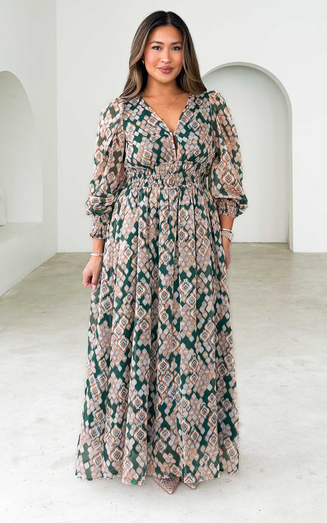 Monique Long Sleeve Maxi Dress - Emerald Gold Print