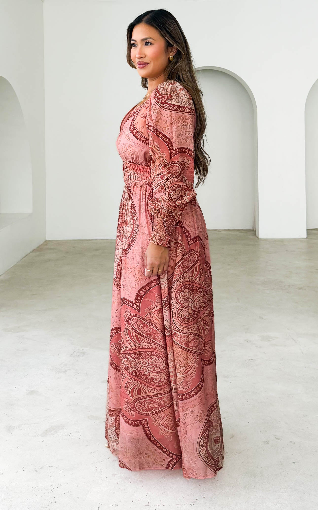 Monique Long Sleeve Maxi Dress - Pink Print