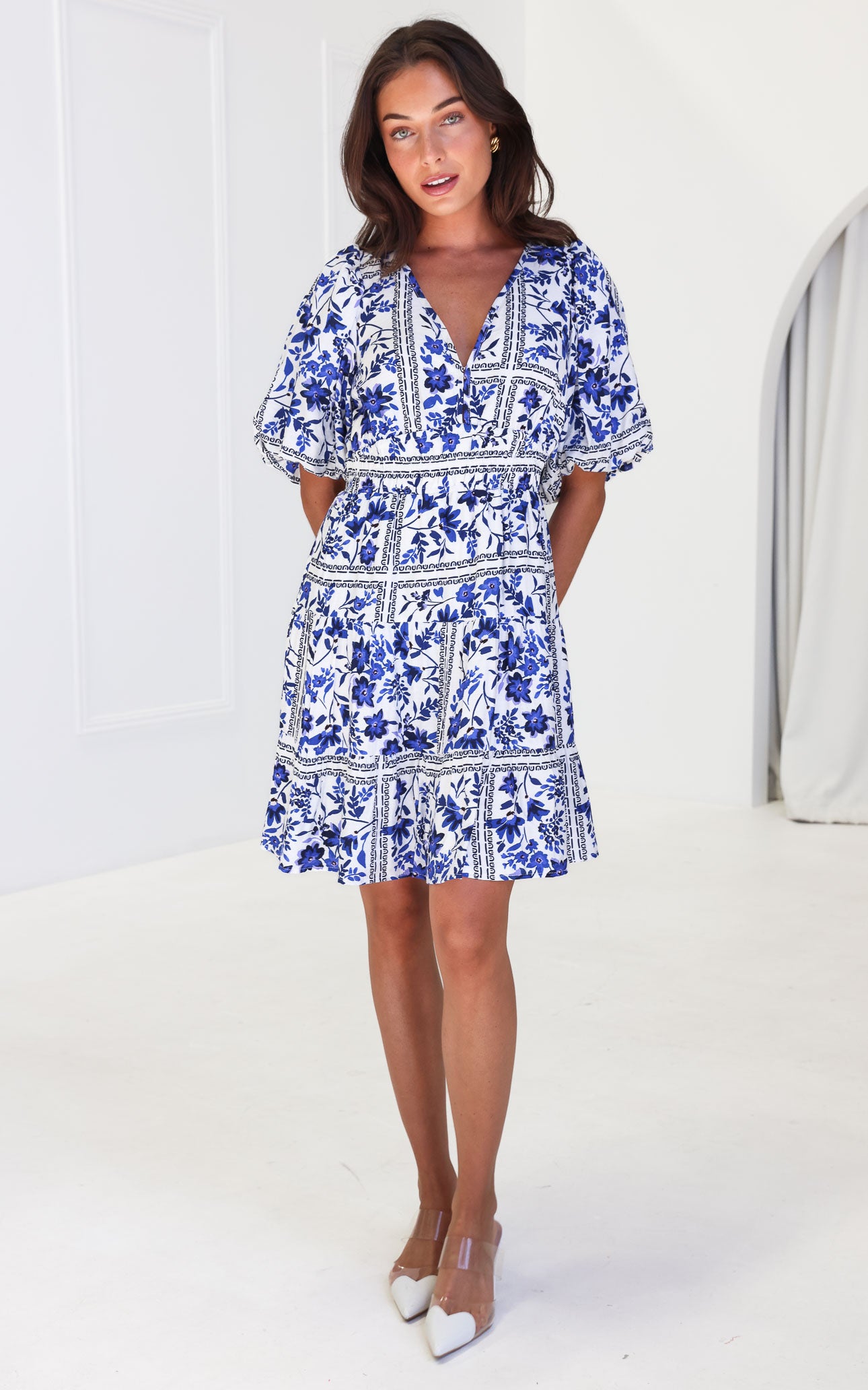 Monique Puff Sleeve Dress - White Blue Floral