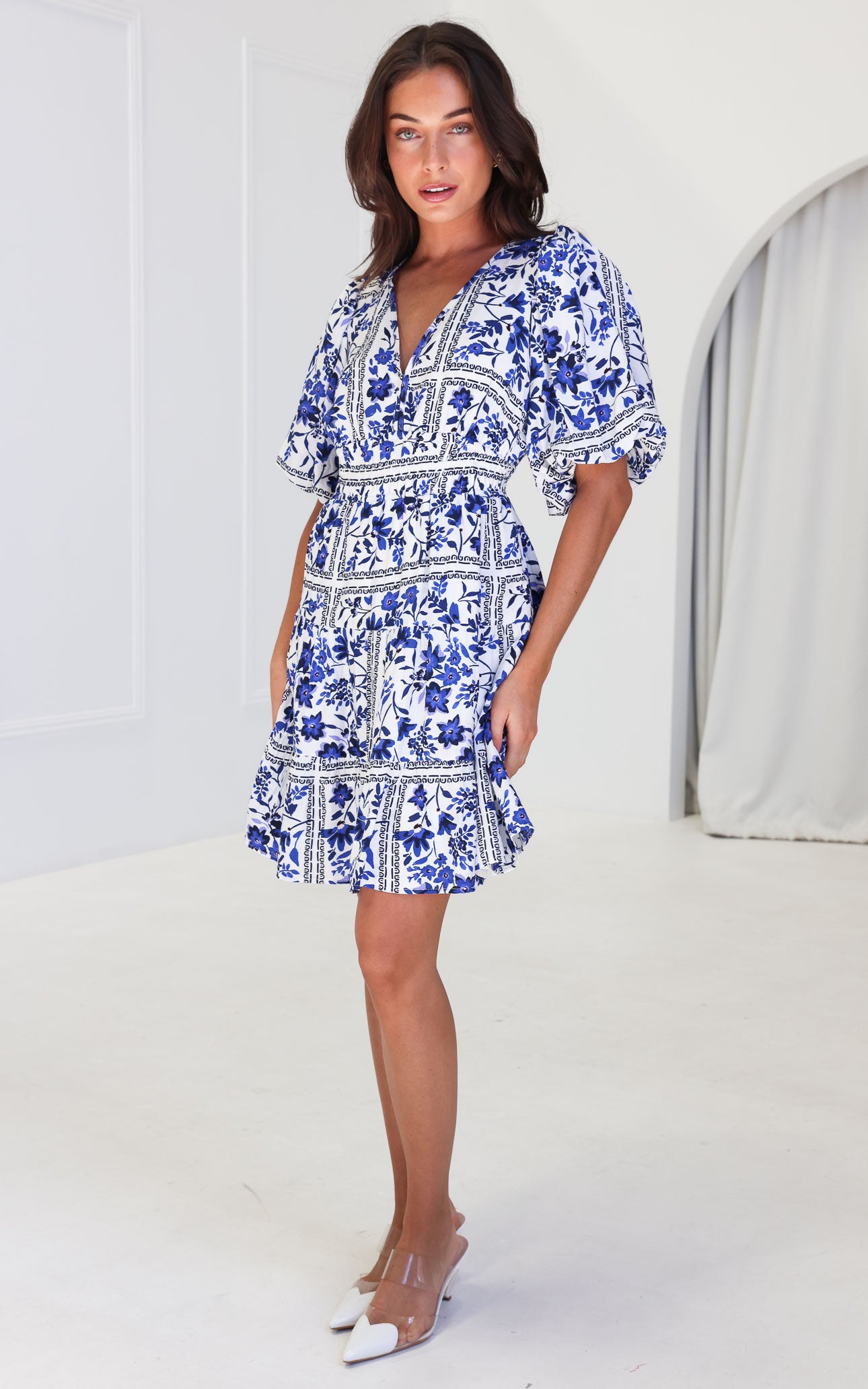 Monique Puff Sleeve Dress - White Blue Floral