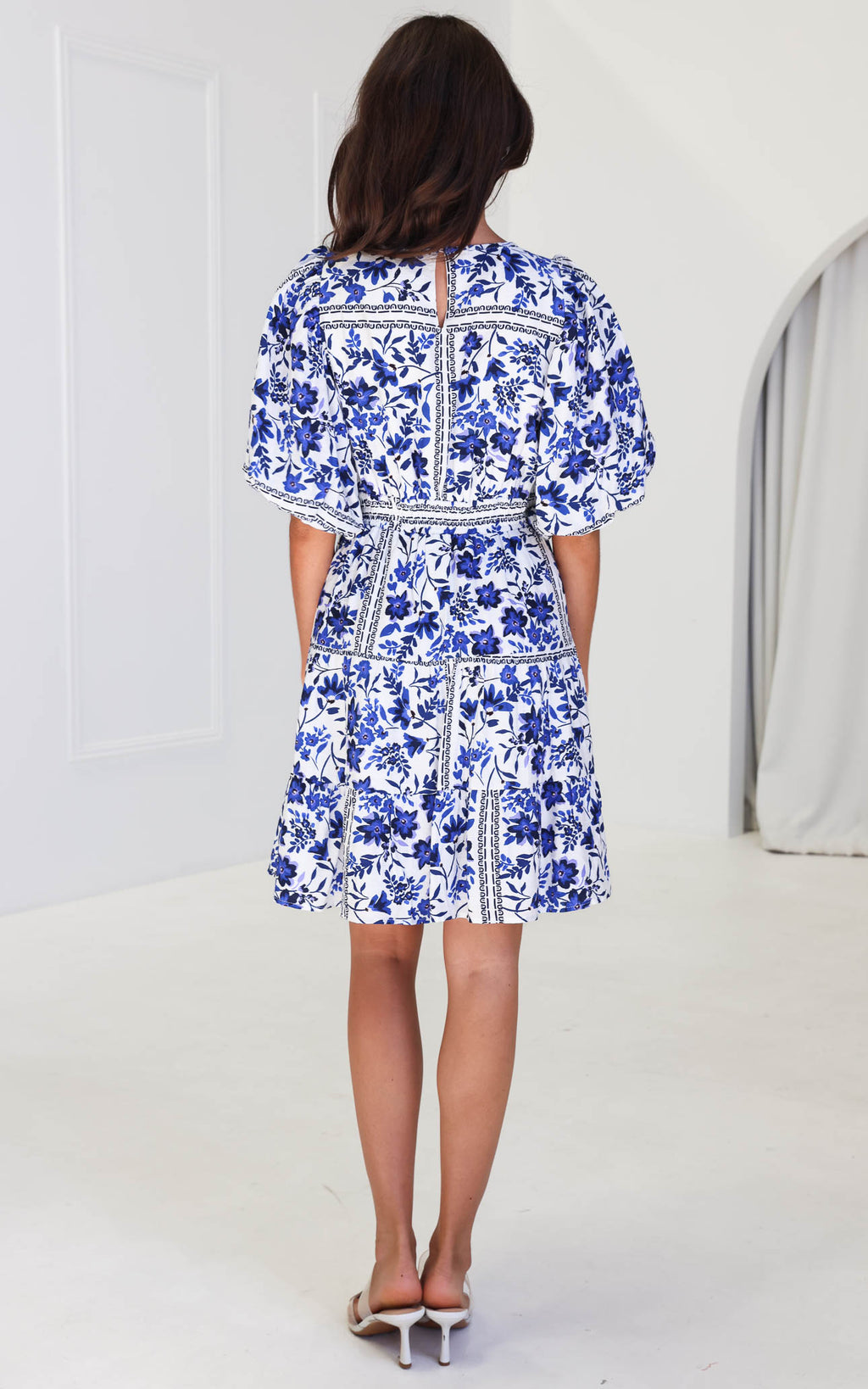 Monique Puff Sleeve Dress - White Blue Floral