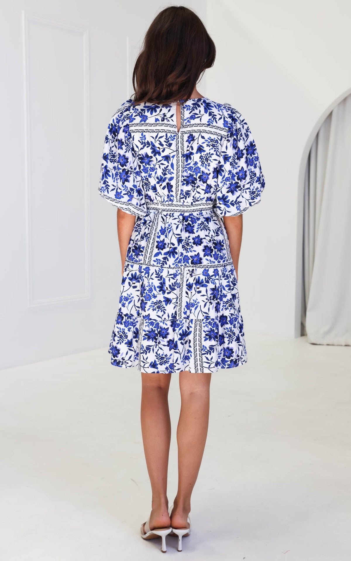 Monique Puff Sleeve Dress - White Blue Floral