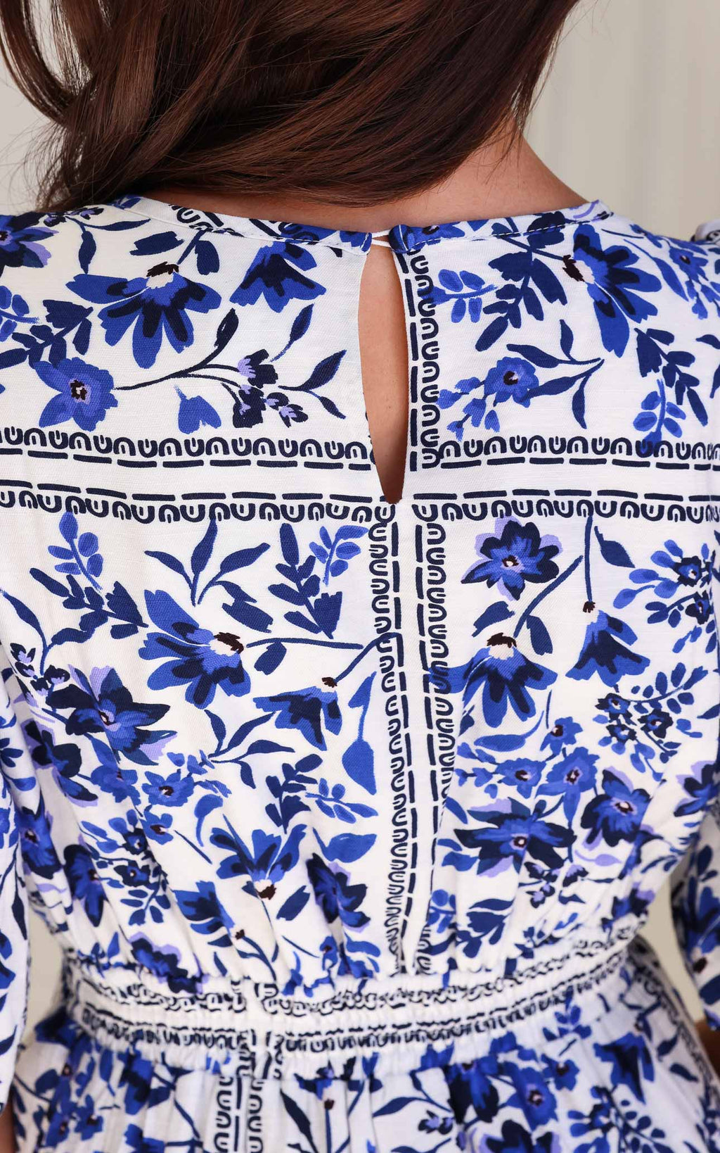 Monique Puff Sleeve Dress - White Blue Floral