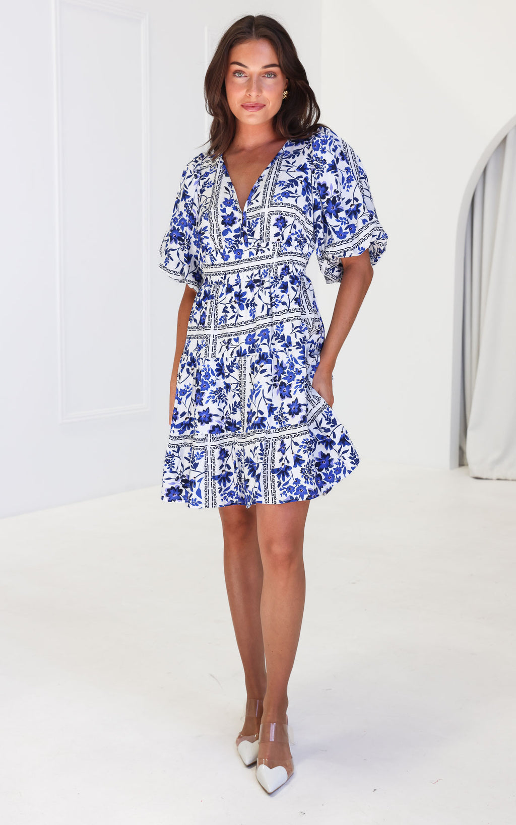 Monique Puff Sleeve Dress - White Blue Floral