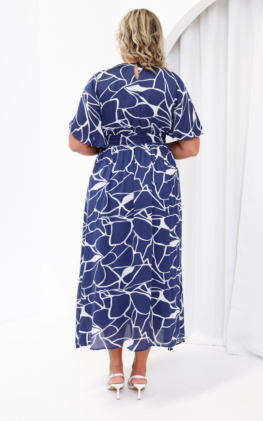 Monique Flutter Sleeve Maxi Dress - Navy Abstract Print