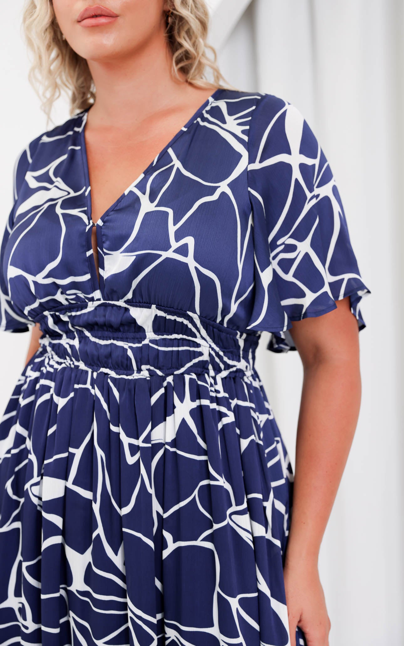 Monique Flutter Sleeve Maxi Dress - Navy Abstract Print