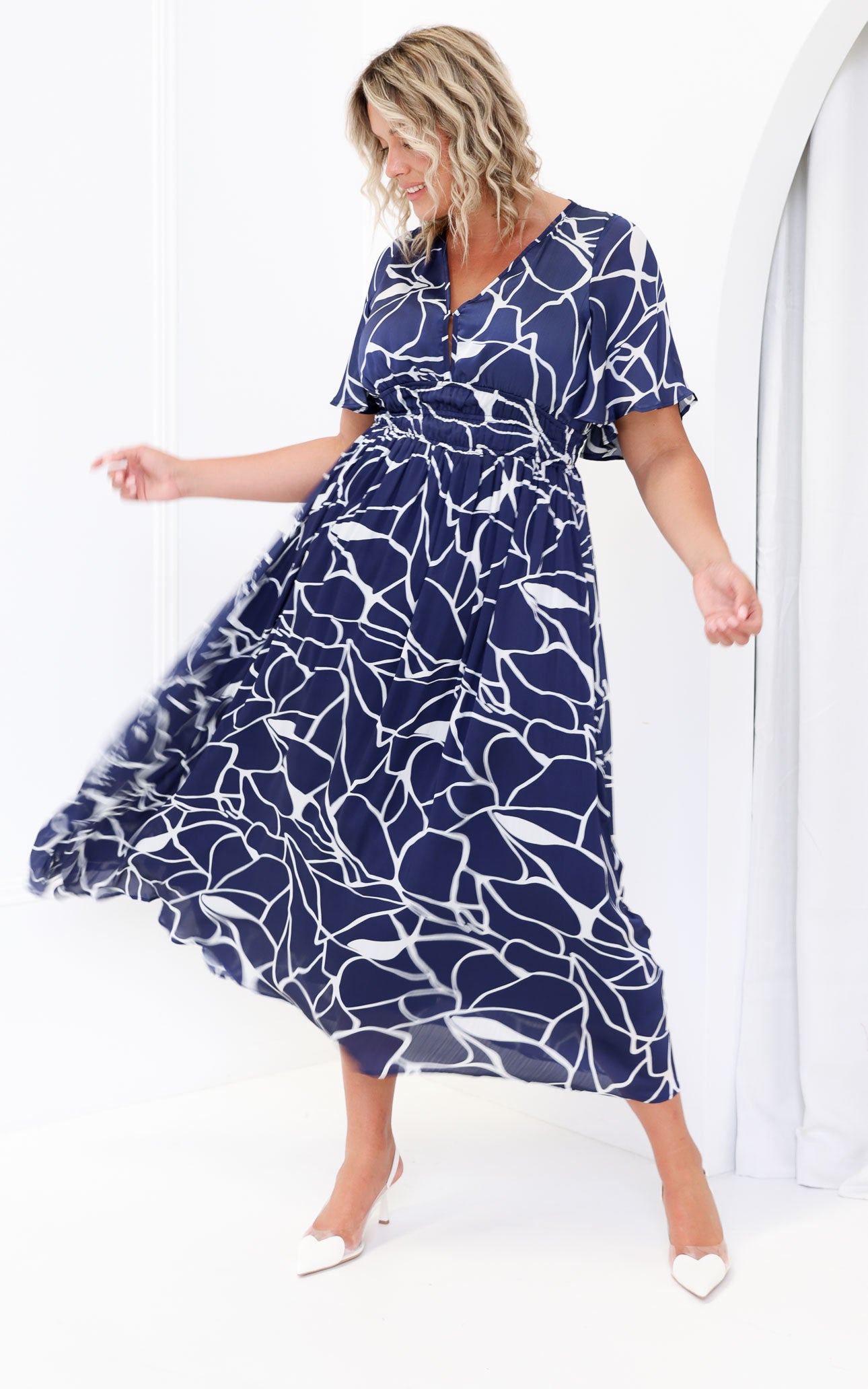 Monique Flutter Sleeve Maxi Dress - Navy Abstract Print