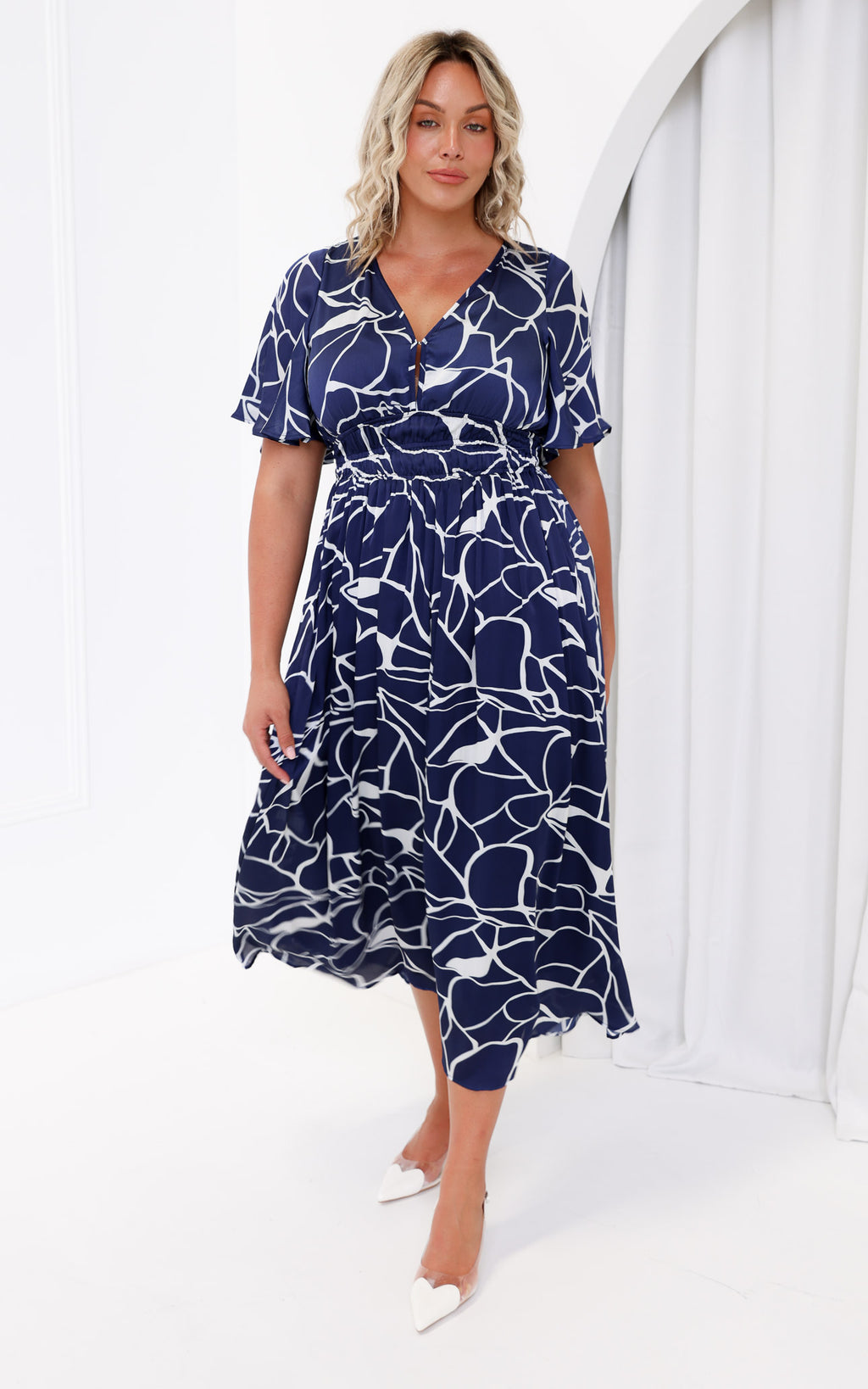 Monique Flutter Sleeve Maxi Dress - Navy Abstract Print