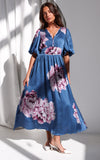 Monique Puff Sleeve Maxi Dress - Steel Blue Mauve Floral