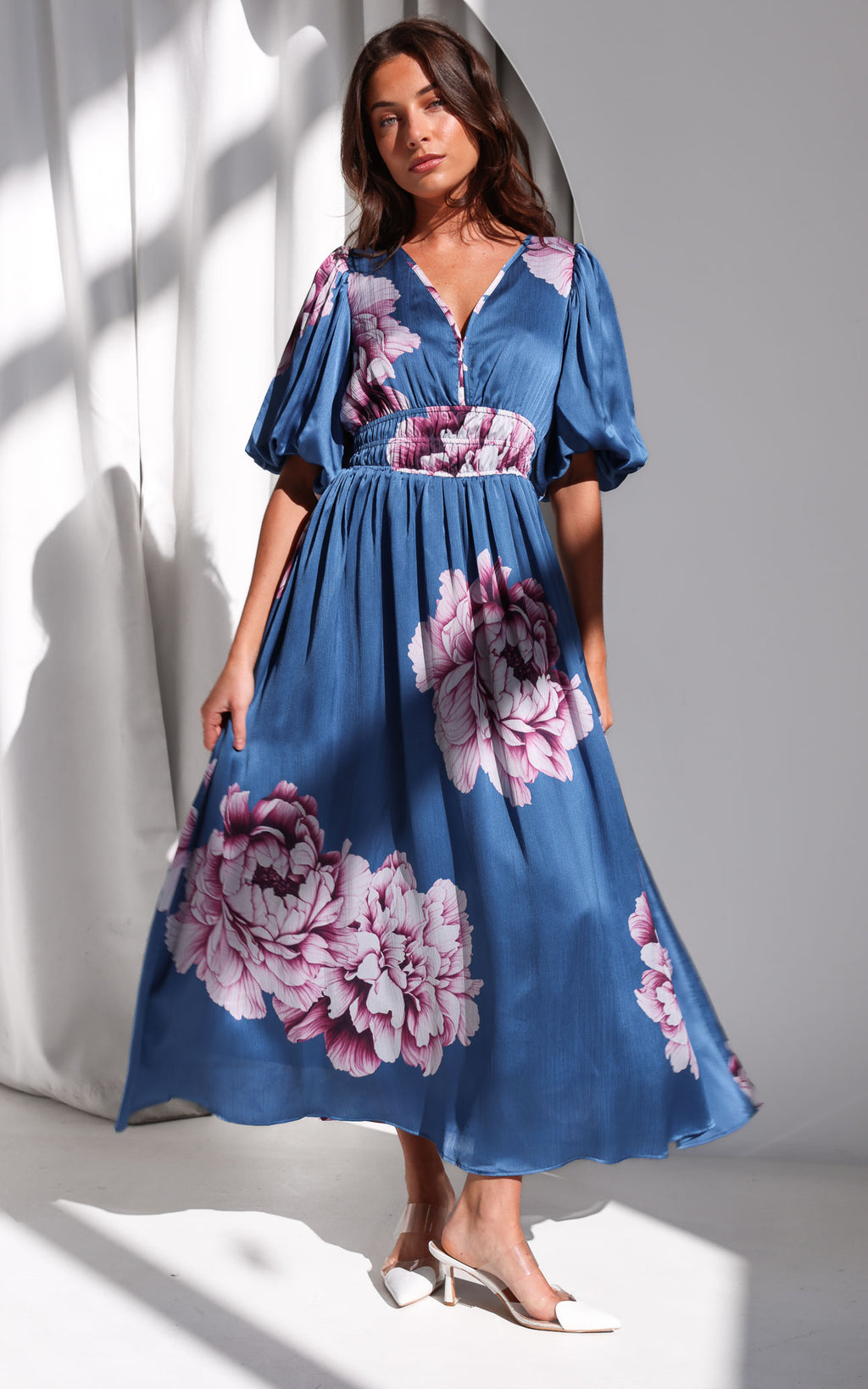 Monique Puff Sleeve Maxi Dress - Steel Blue Mauve Floral