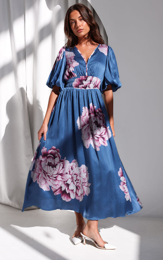 Monique Maxi Dress - Steel Blue Mauve Floral