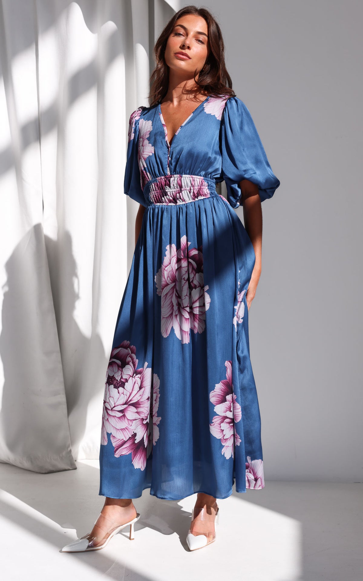 Monique Puff Sleeve Maxi Dress - Steel Blue Mauve Floral
