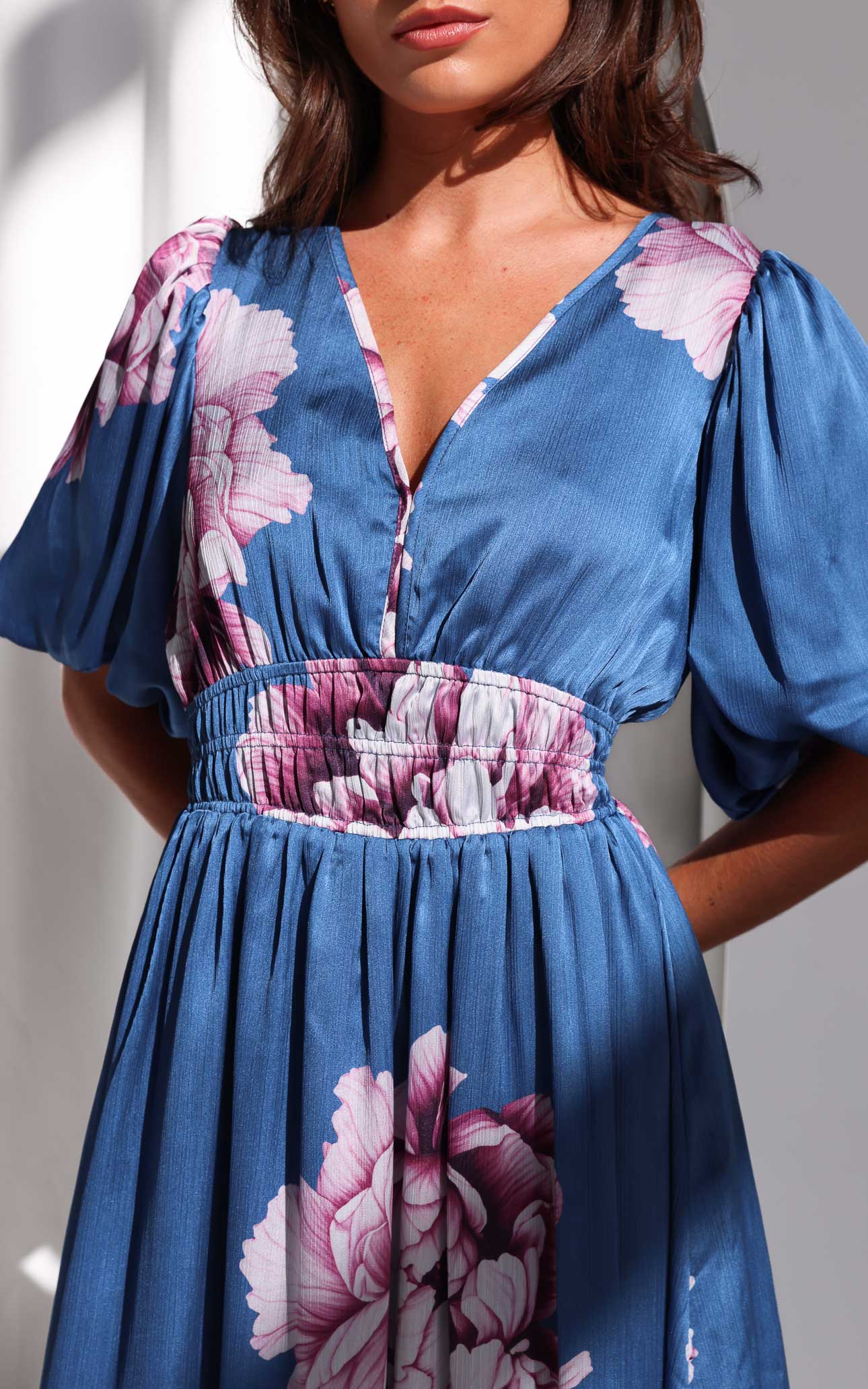 Monique Puff Sleeve Maxi Dress - Steel Blue Mauve Floral