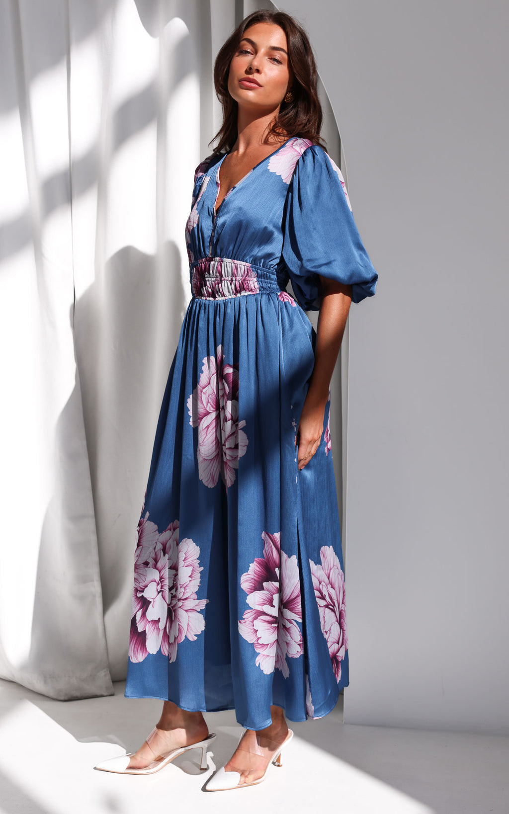 Monique Puff Sleeve Maxi Dress - Steel Blue Mauve Floral
