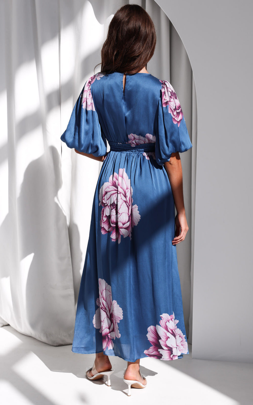 Monique Puff Sleeve Maxi Dress - Steel Blue Mauve Floral