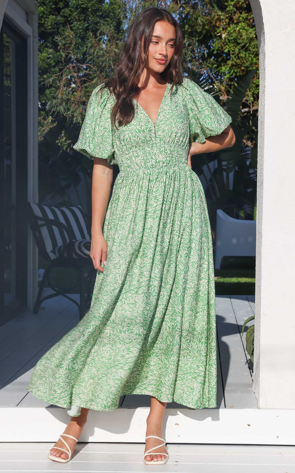 Monique Puff Sleeve Maxi Dress - Green Leaf Print
