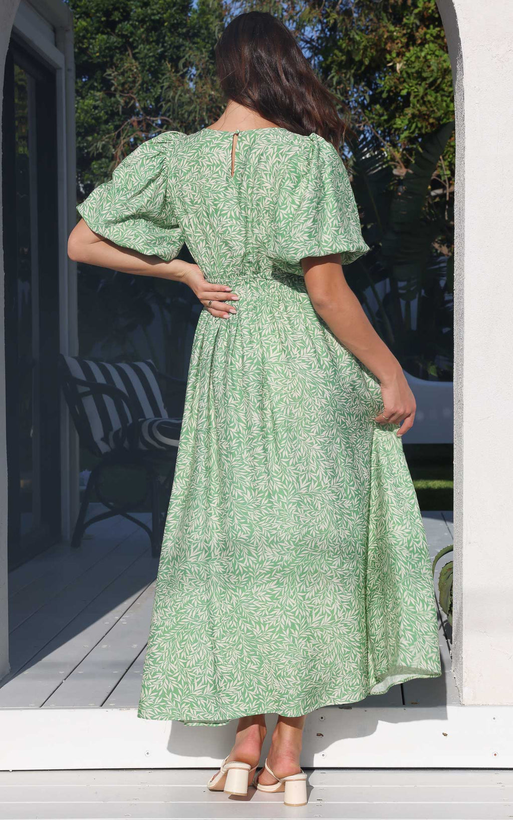 Monique Puff Sleeve Maxi Dress - Green Leaf Print