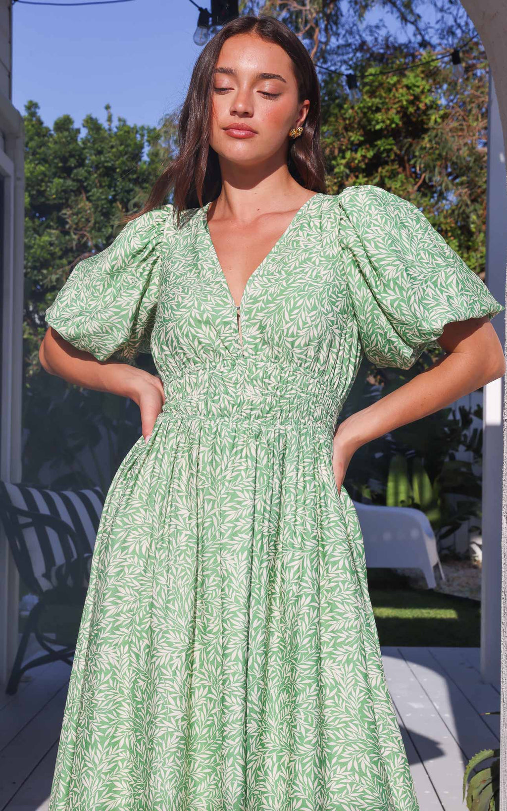 Monique Puff Sleeve Maxi Dress - Green Leaf Print