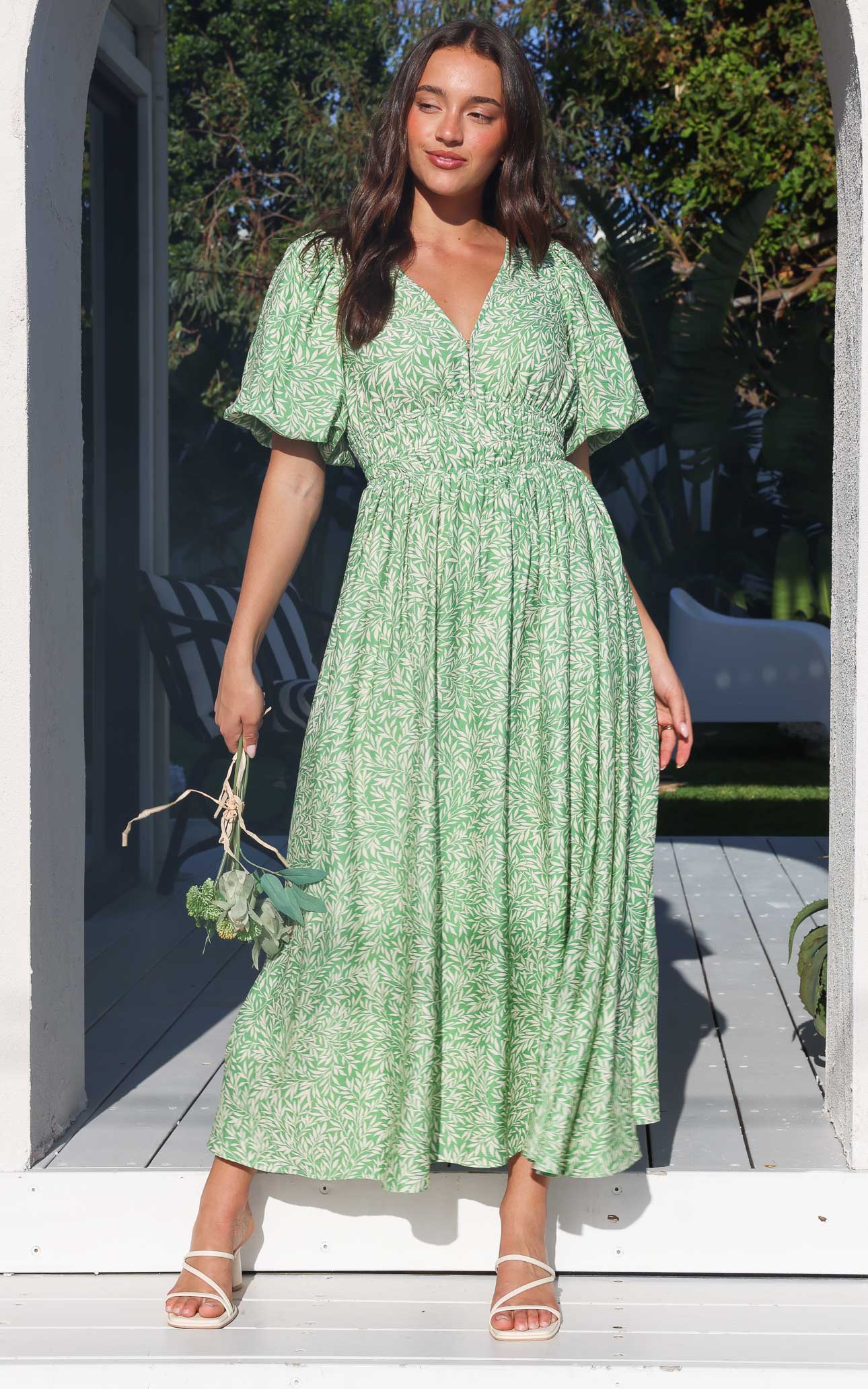 Monique Puff Sleeve Maxi Dress - Green Leaf Print