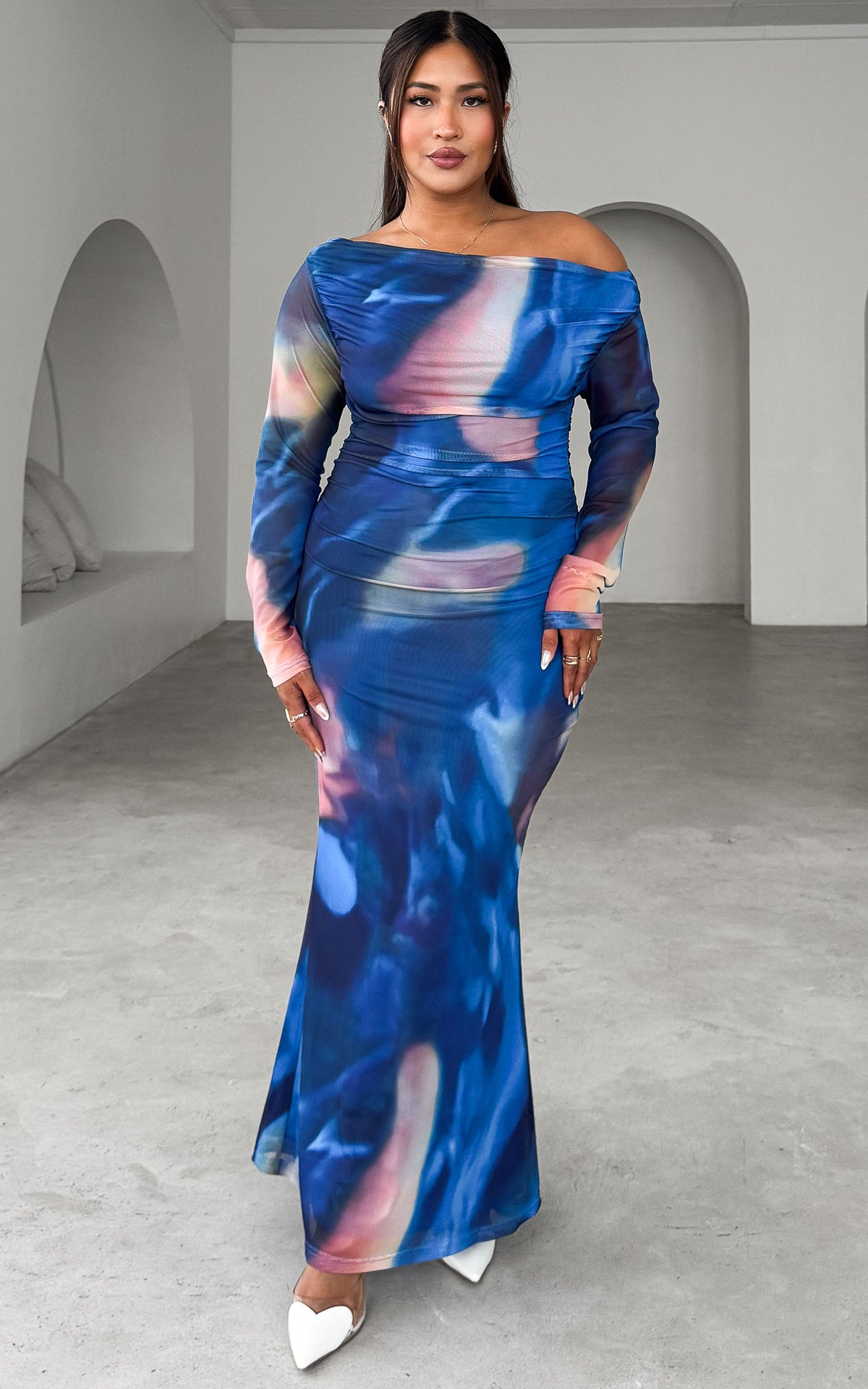 Mercaddo Mesh Maxi Dress - Blue Multi Abstract Print