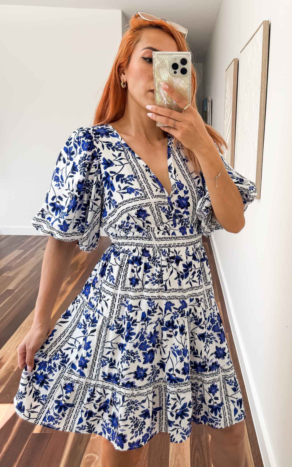 Monique Puff Sleeve Dress - White Blue Floral