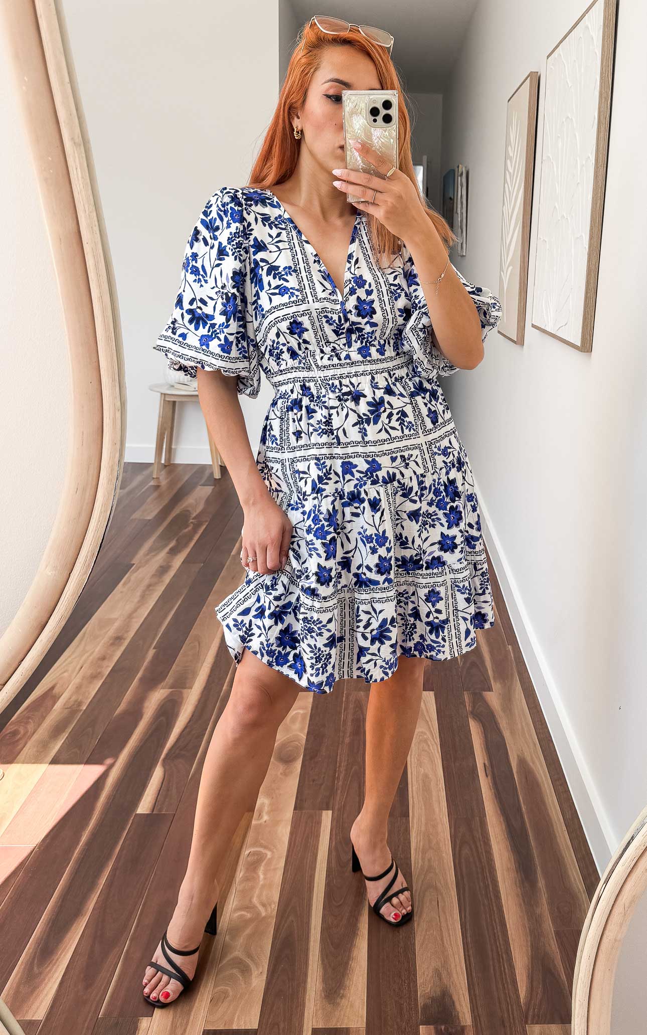Monique Puff Sleeve Dress - White Blue Floral