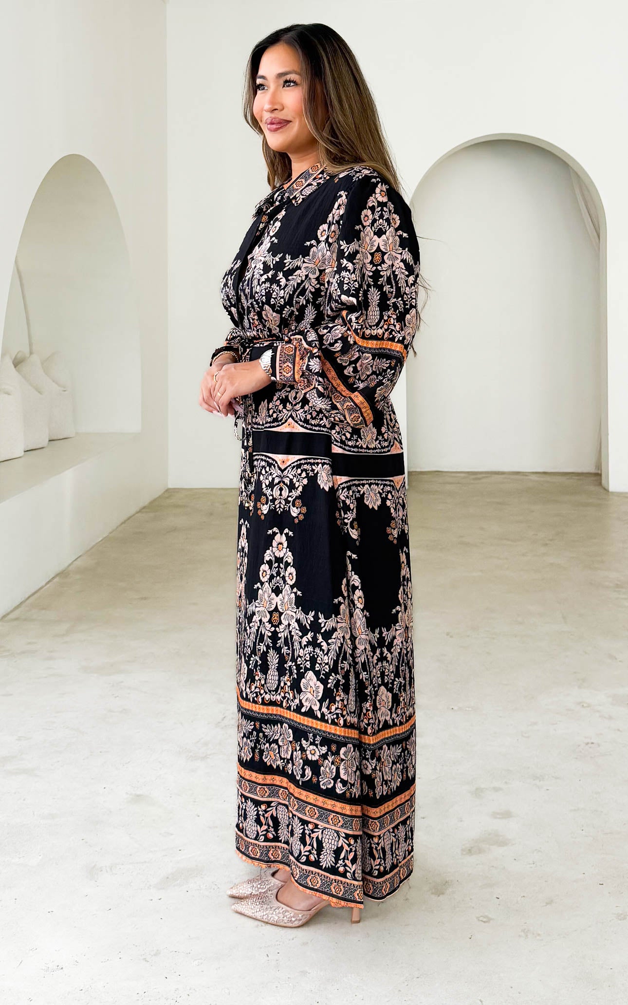 Nami Long Sleeve Maxi Dress - Black Orange Print