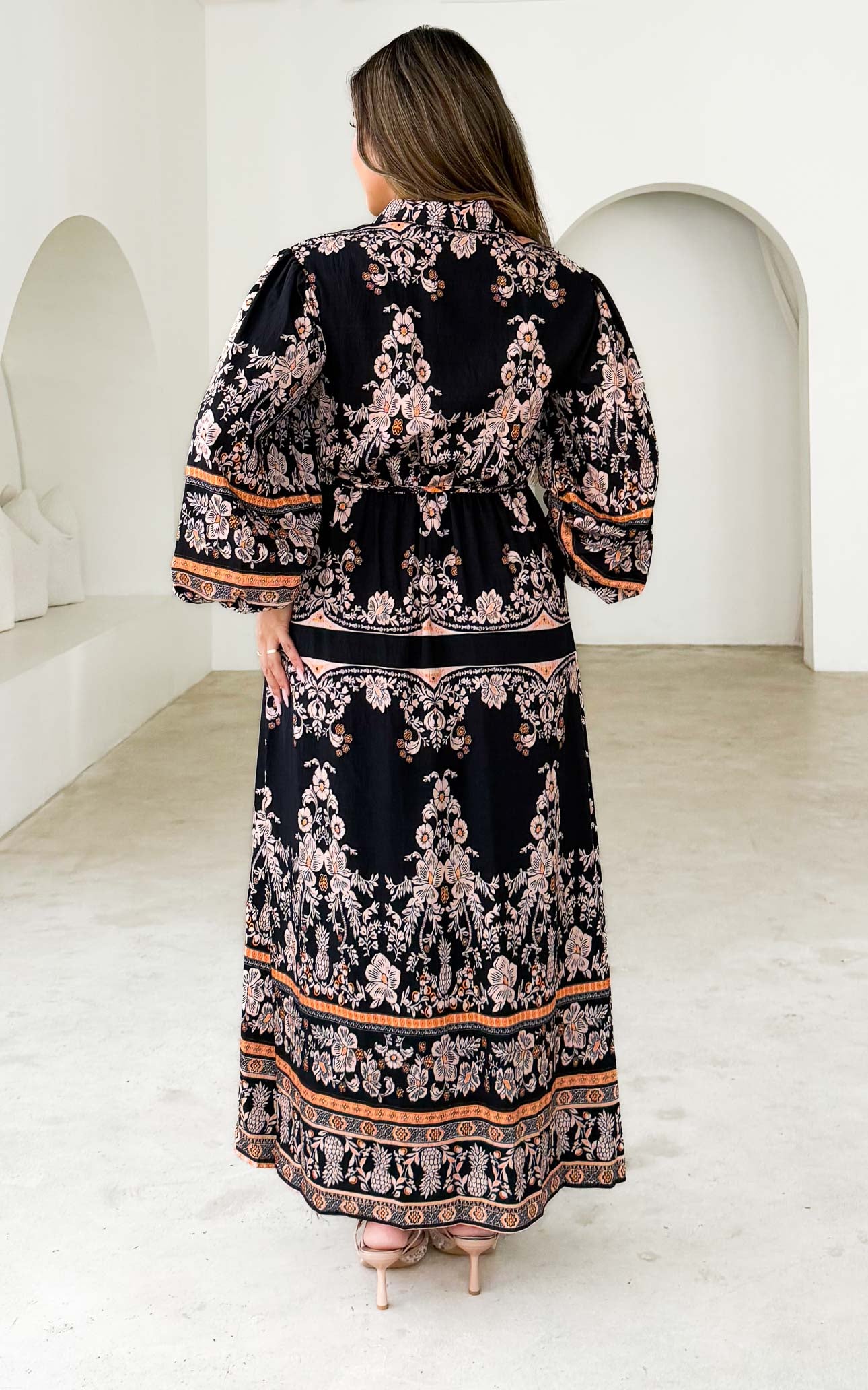 Nami Long Sleeve Maxi Dress - Black Orange Print