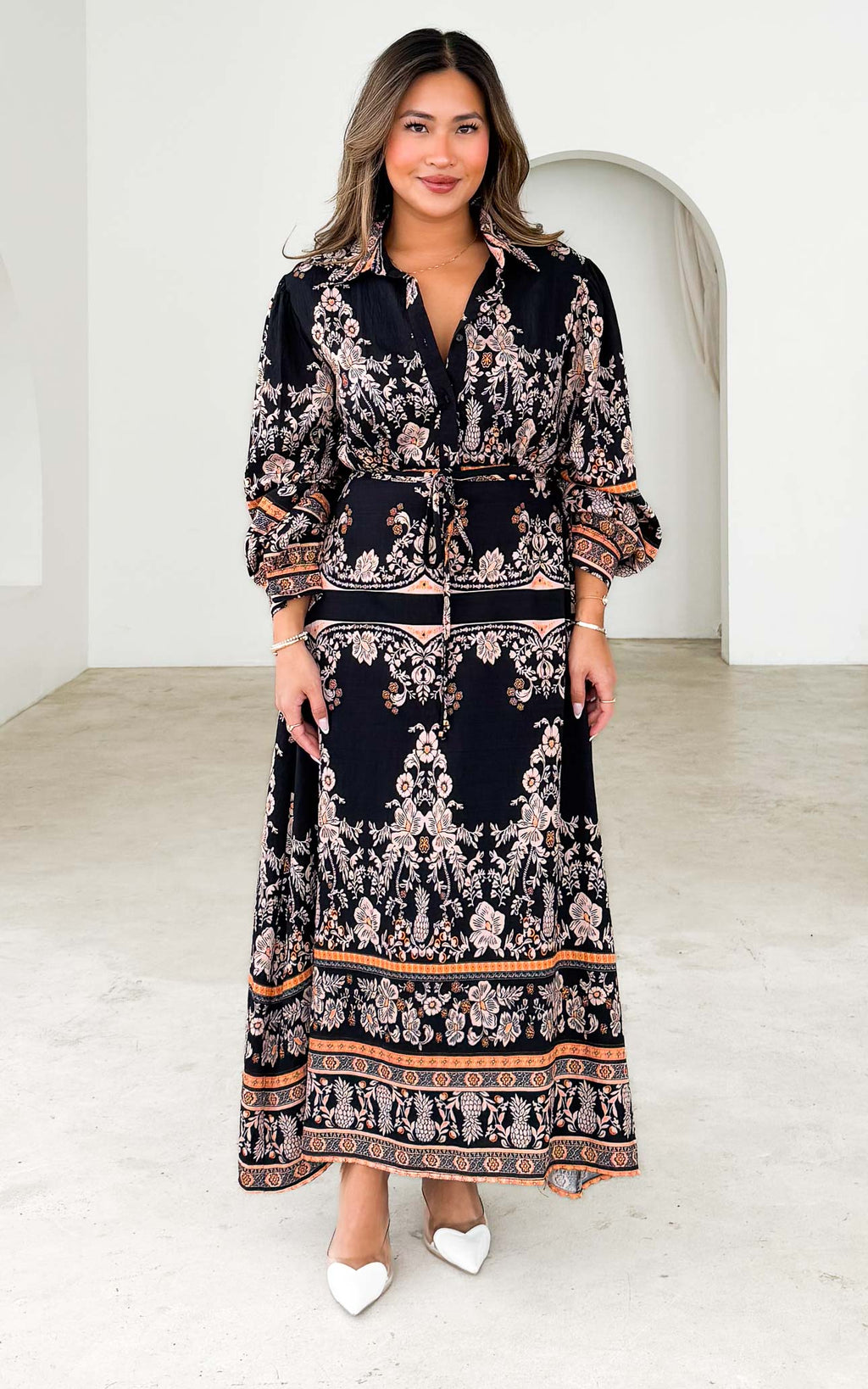 Nami Long Sleeve Maxi Dress - Black Orange Print