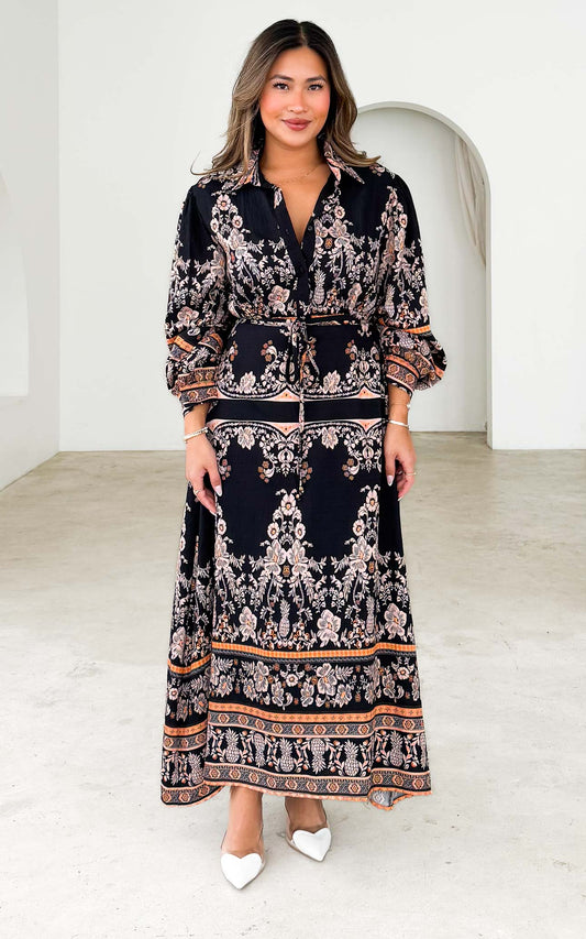 Nami Long Sleeve Maxi Dress - Black Orange Print