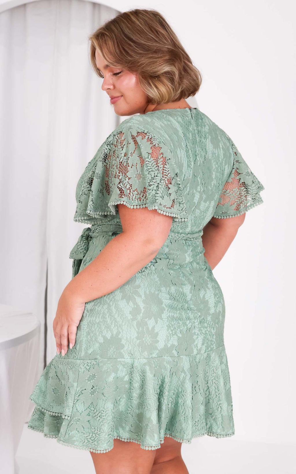 Noela Faux Wrap Lace Mini Dress - Dusty Mint