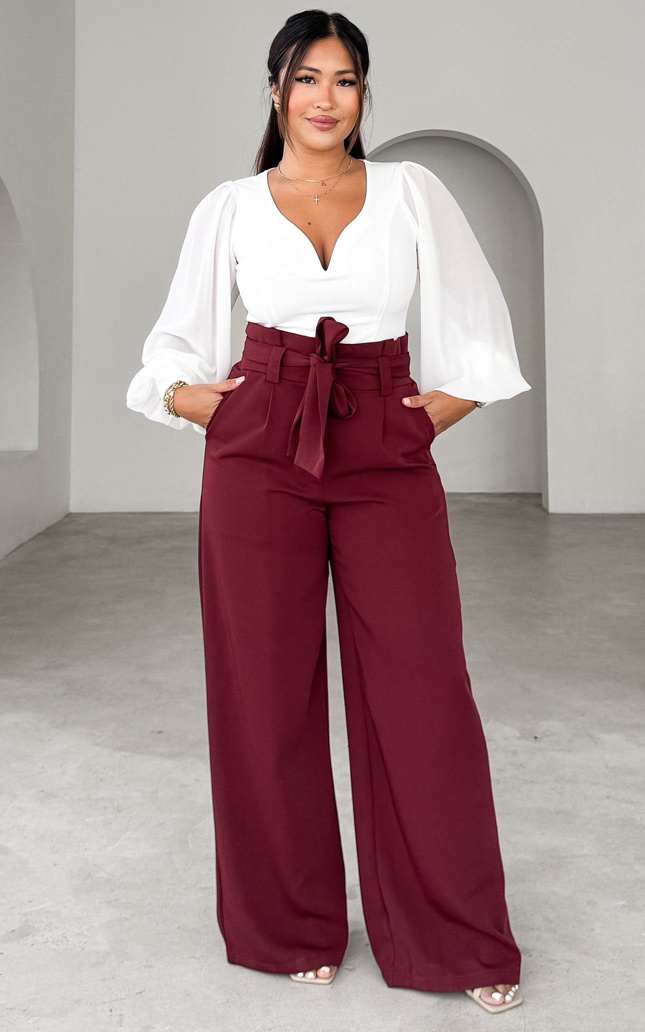 Nookie Wide Leg Pants - Burgundy