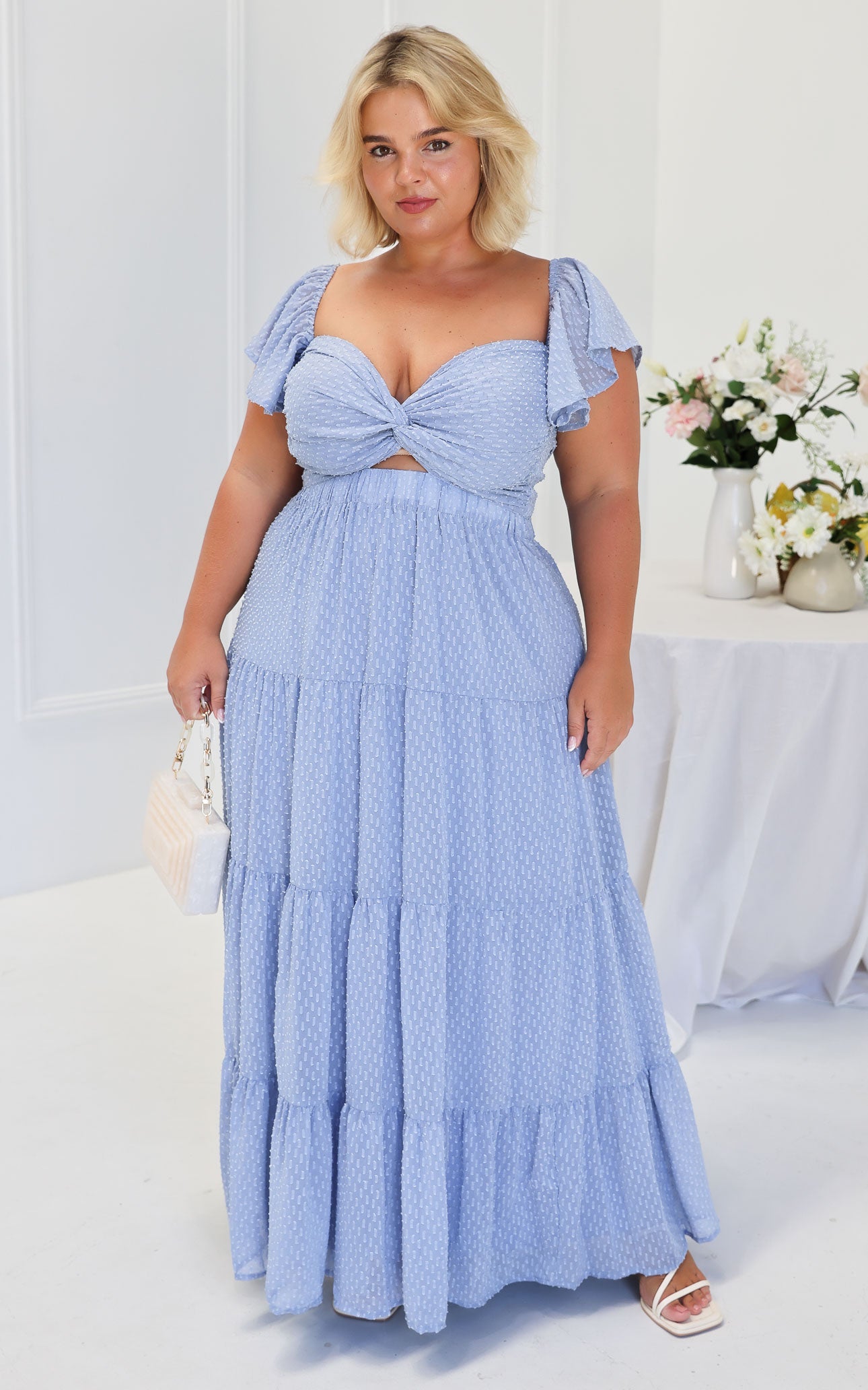 Odessey Tie Up Back Maxi Dress - Dusty Blue Texture