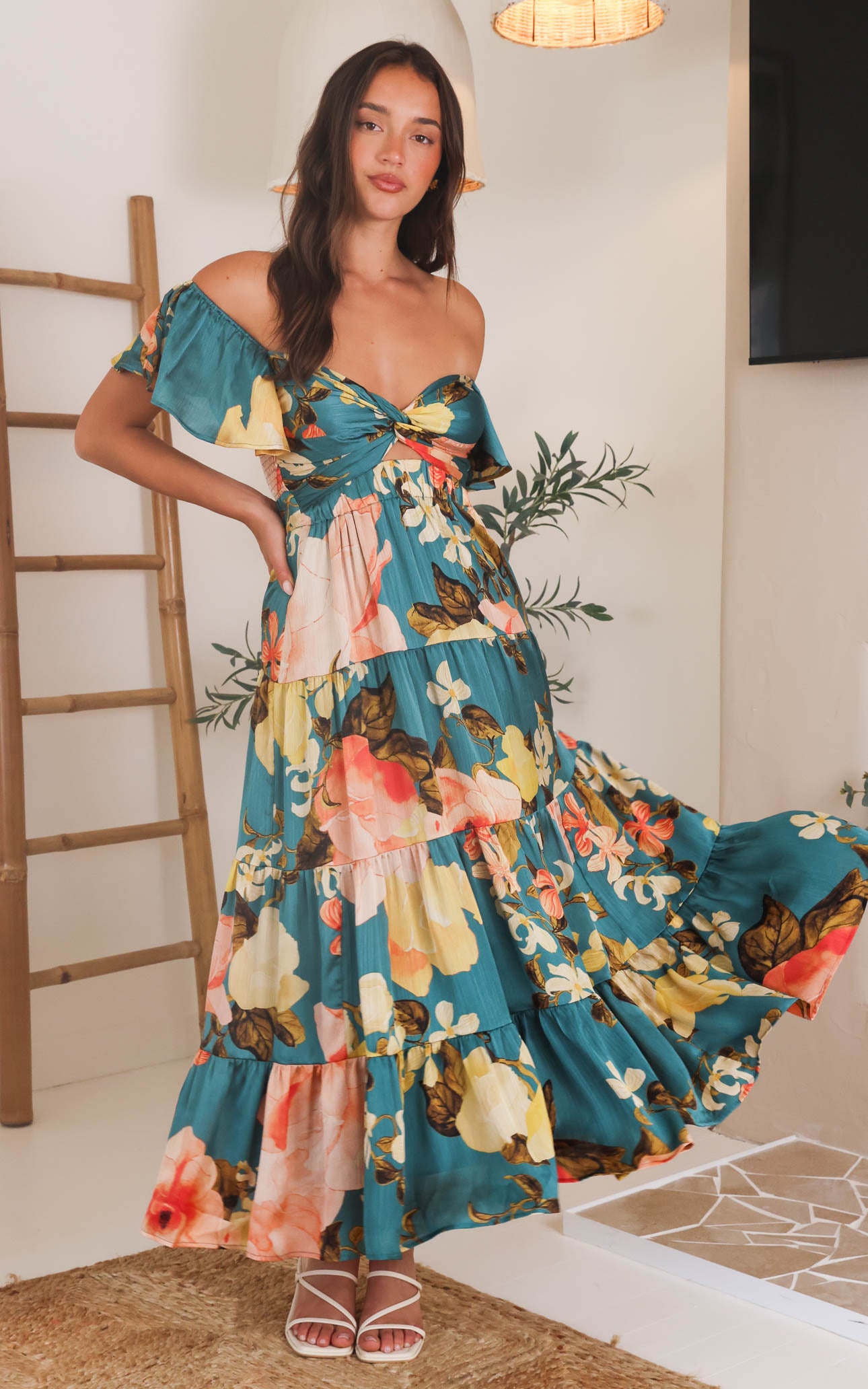 Odessey Shirred Back Panel Maxi Dress - Teal Green Floral