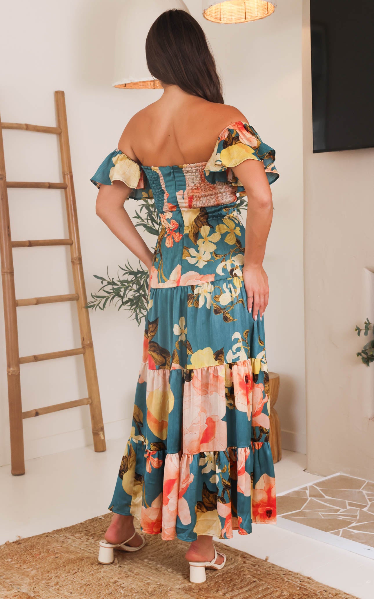 Odessey Shirred Back Panel Maxi Dress - Teal Green Floral