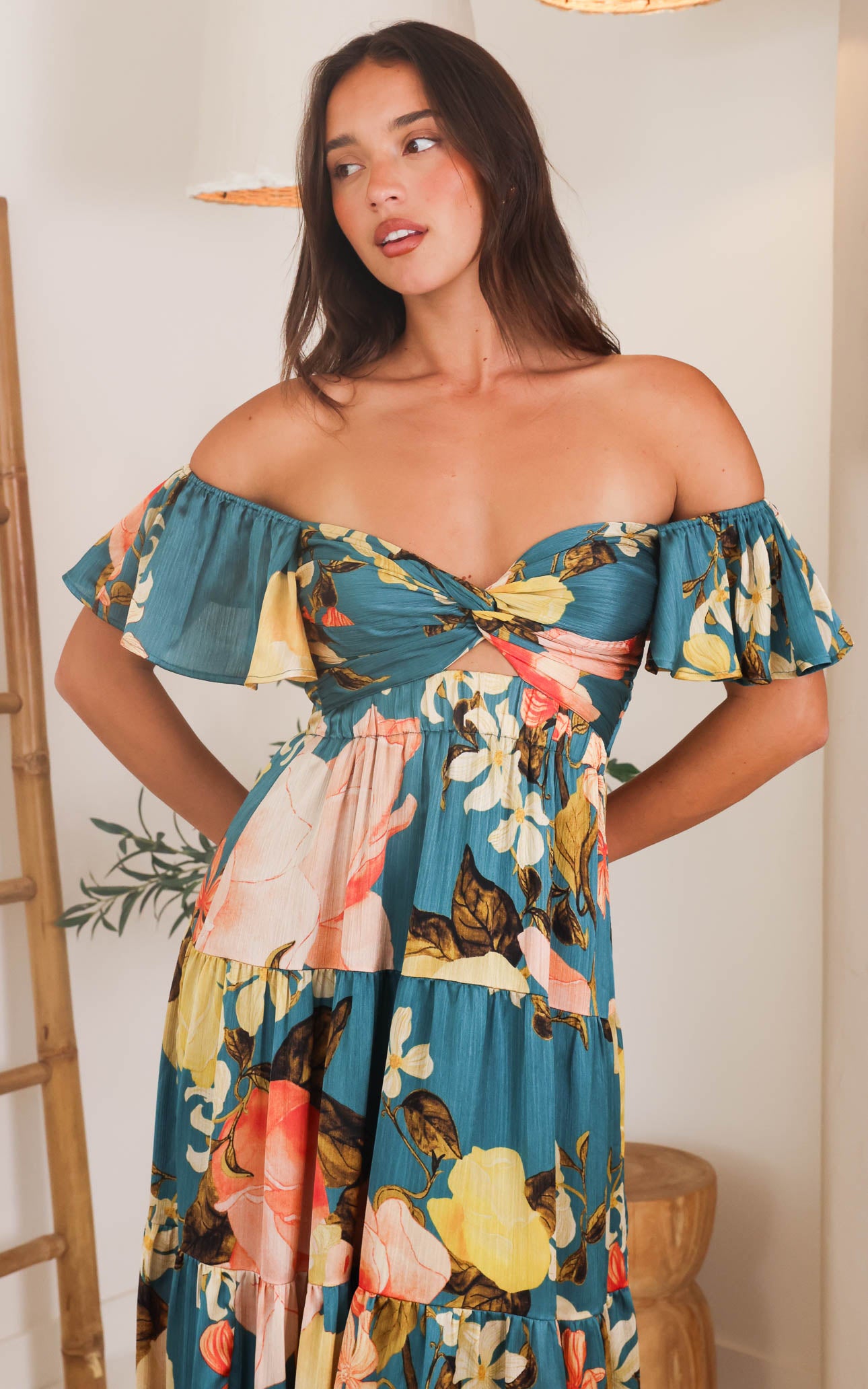 Odessey Shirred Back Panel Maxi Dress - Teal Green Floral