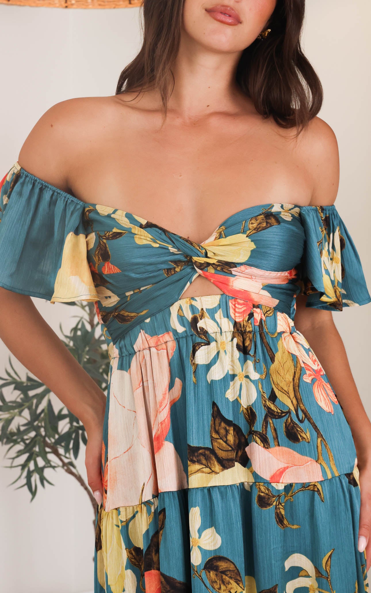 Odessey Shirred Back Panel Maxi Dress - Teal Green Floral