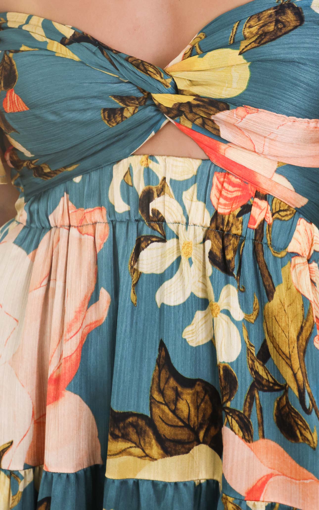 Odessey Shirred Back Panel Maxi Dress - Teal Green Floral