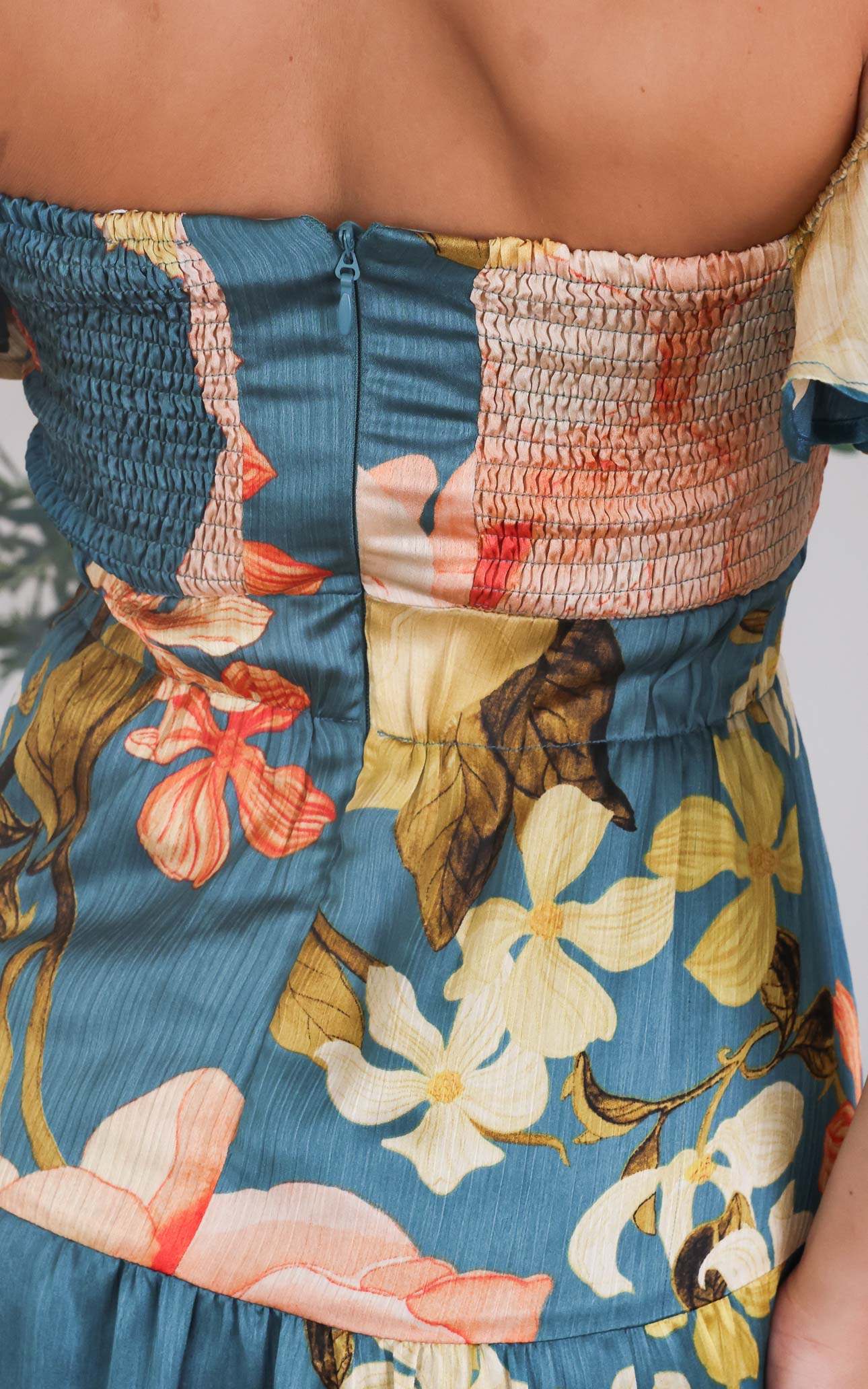 Odessey Shirred Back Panel Maxi Dress - Teal Green Floral