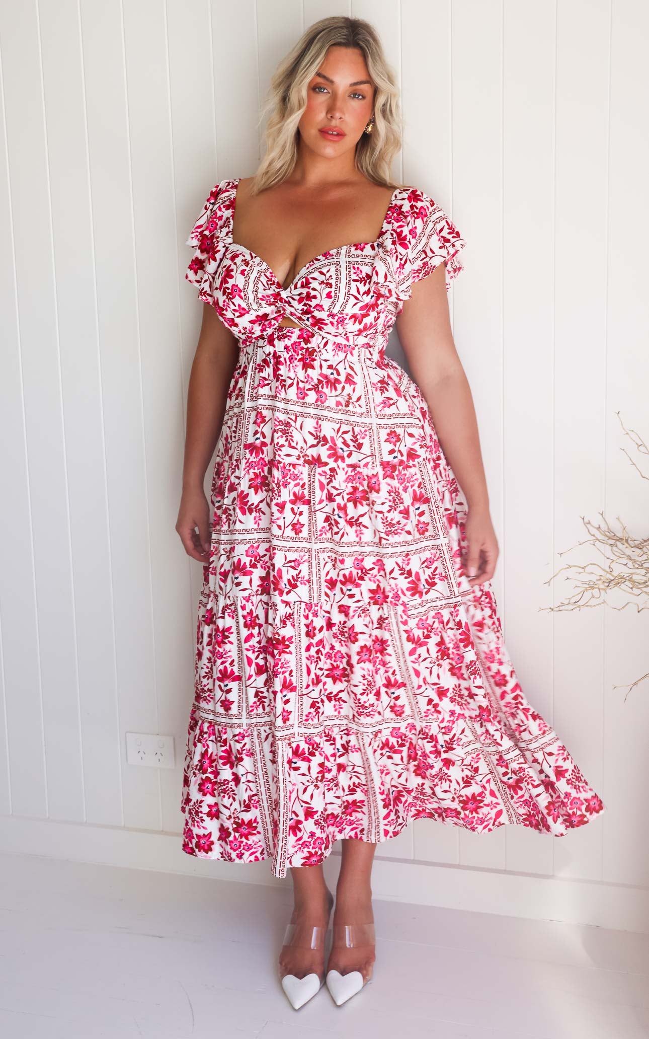 Odessey Shirred Back Panel Maxi Dress - White Pink Floral