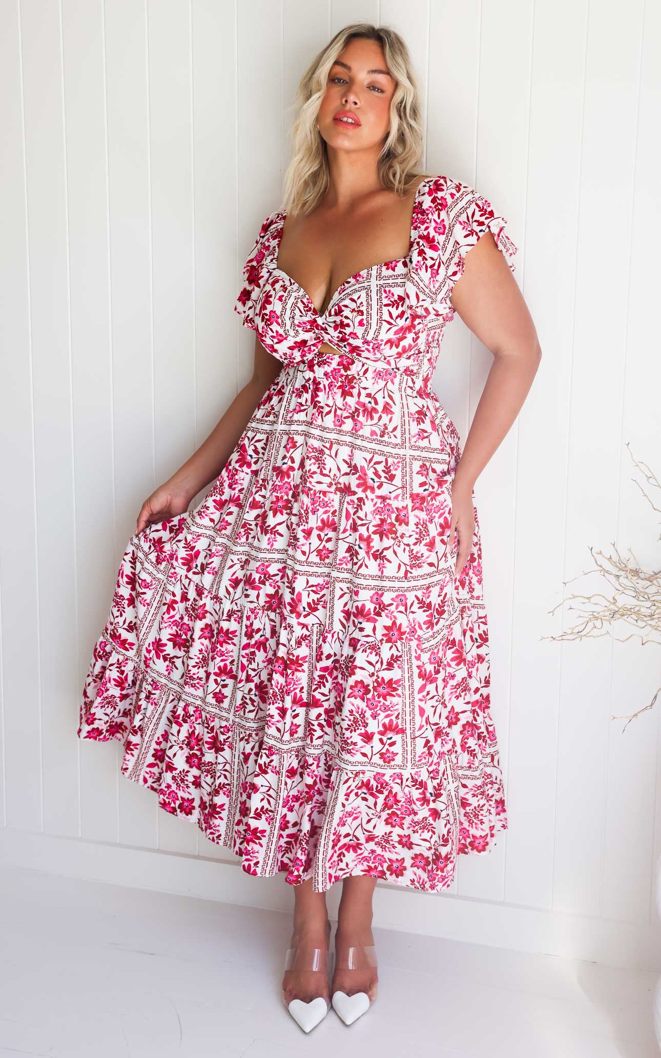 Odessey Shirred Back Panel Maxi Dress - White Pink Floral