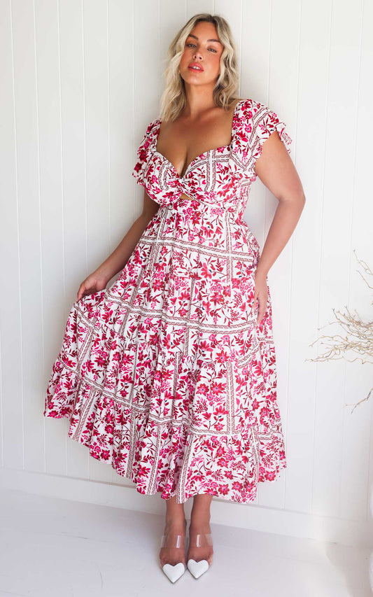 Odessey Shirred Back Panel Maxi Dress - White Pink Floral