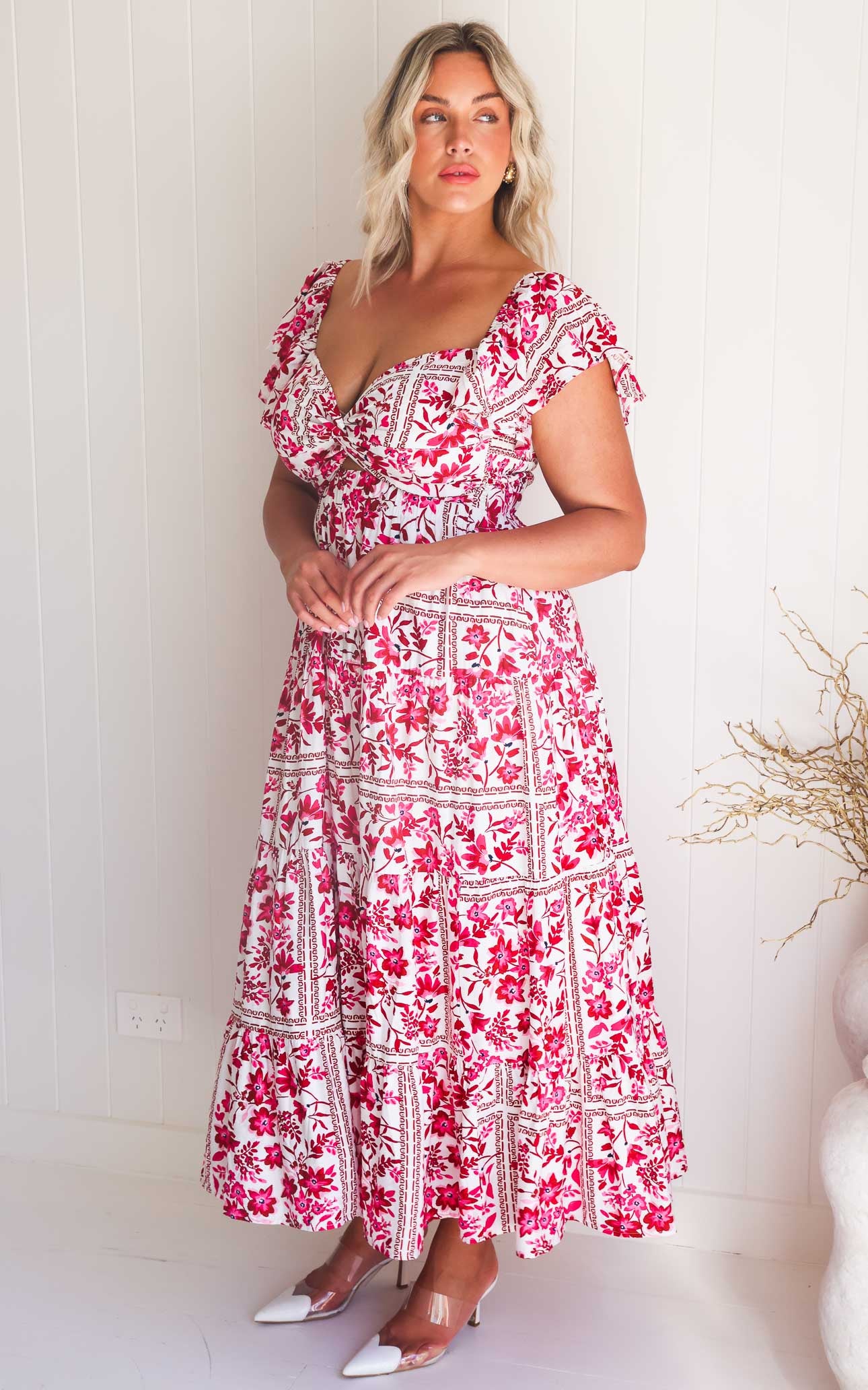 Odessey Shirred Back Panel Maxi Dress - White Pink Floral