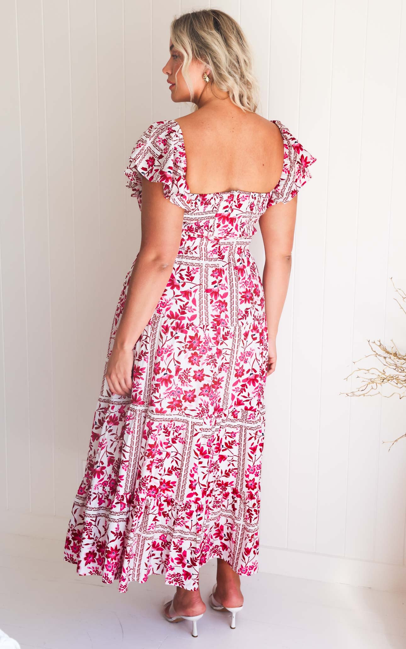 Odessey Shirred Back Panel Maxi Dress - White Pink Floral