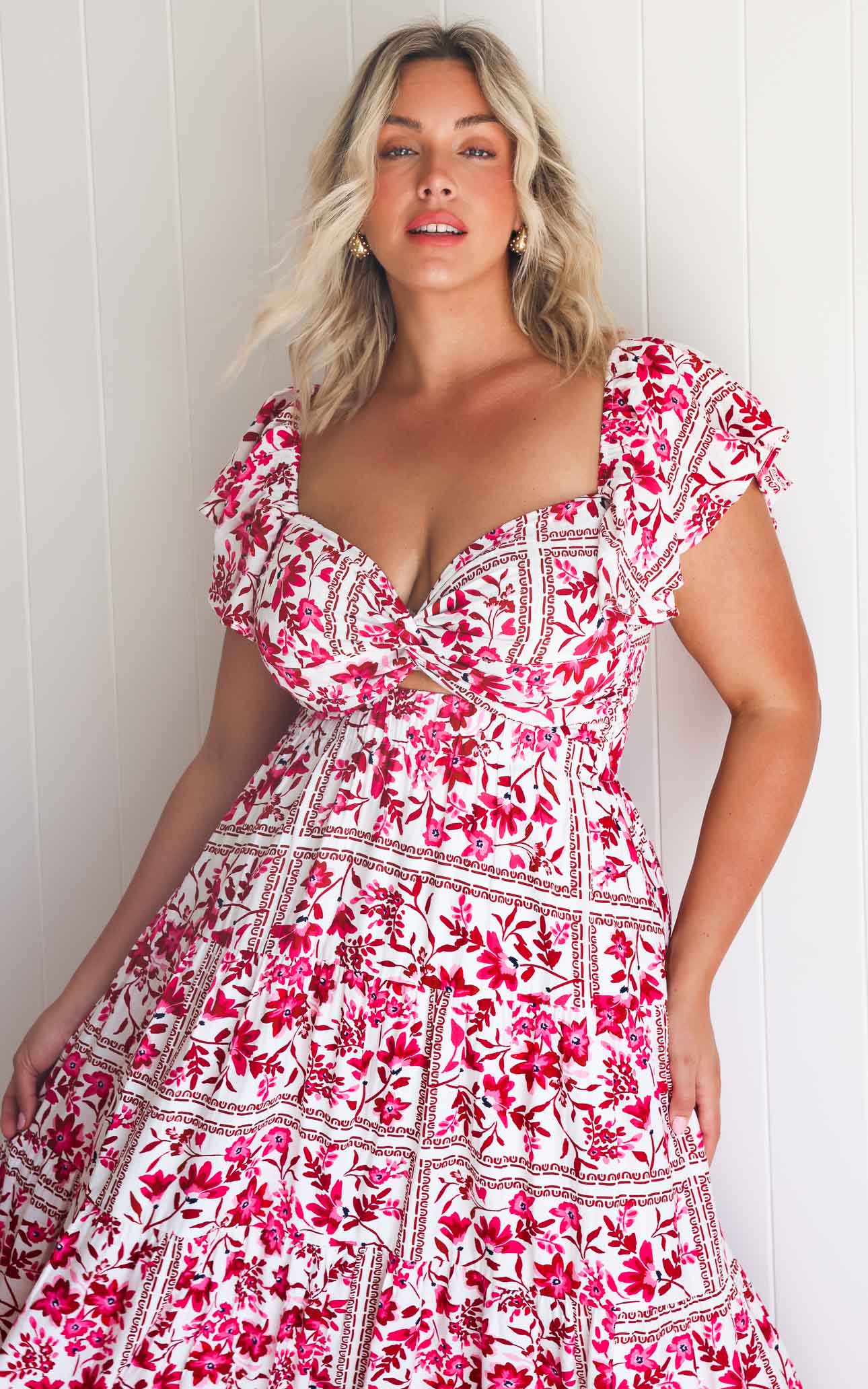 Odessey Shirred Back Panel Maxi Dress - White Pink Floral