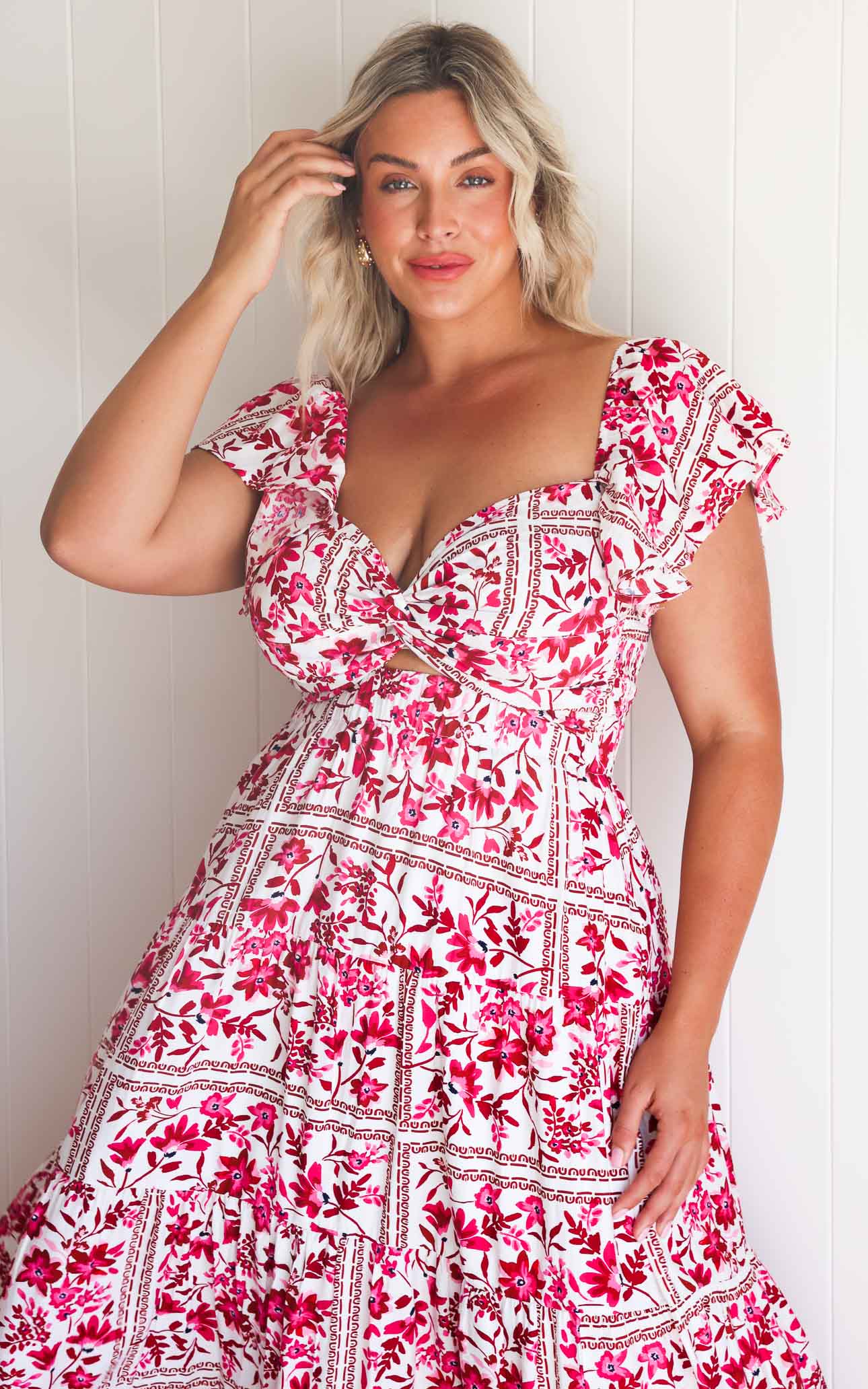 Odessey Shirred Back Panel Maxi Dress - White Pink Floral