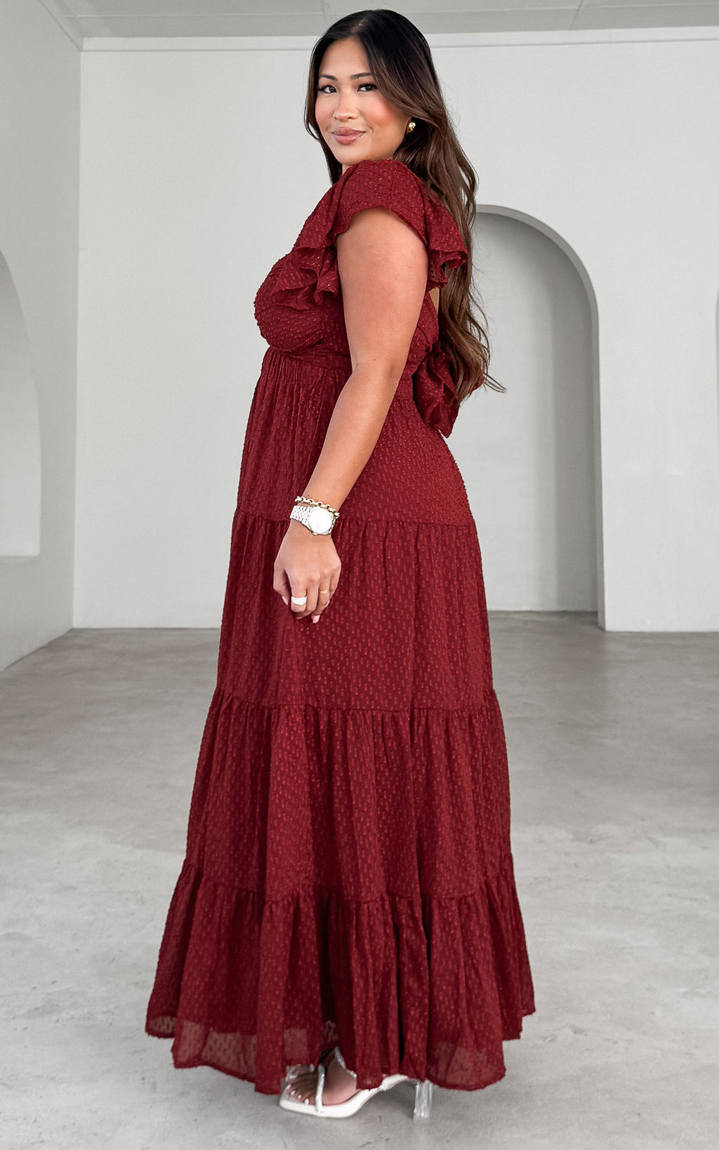 Odessey Tie Up Back Maxi Dress - Wine Texture
