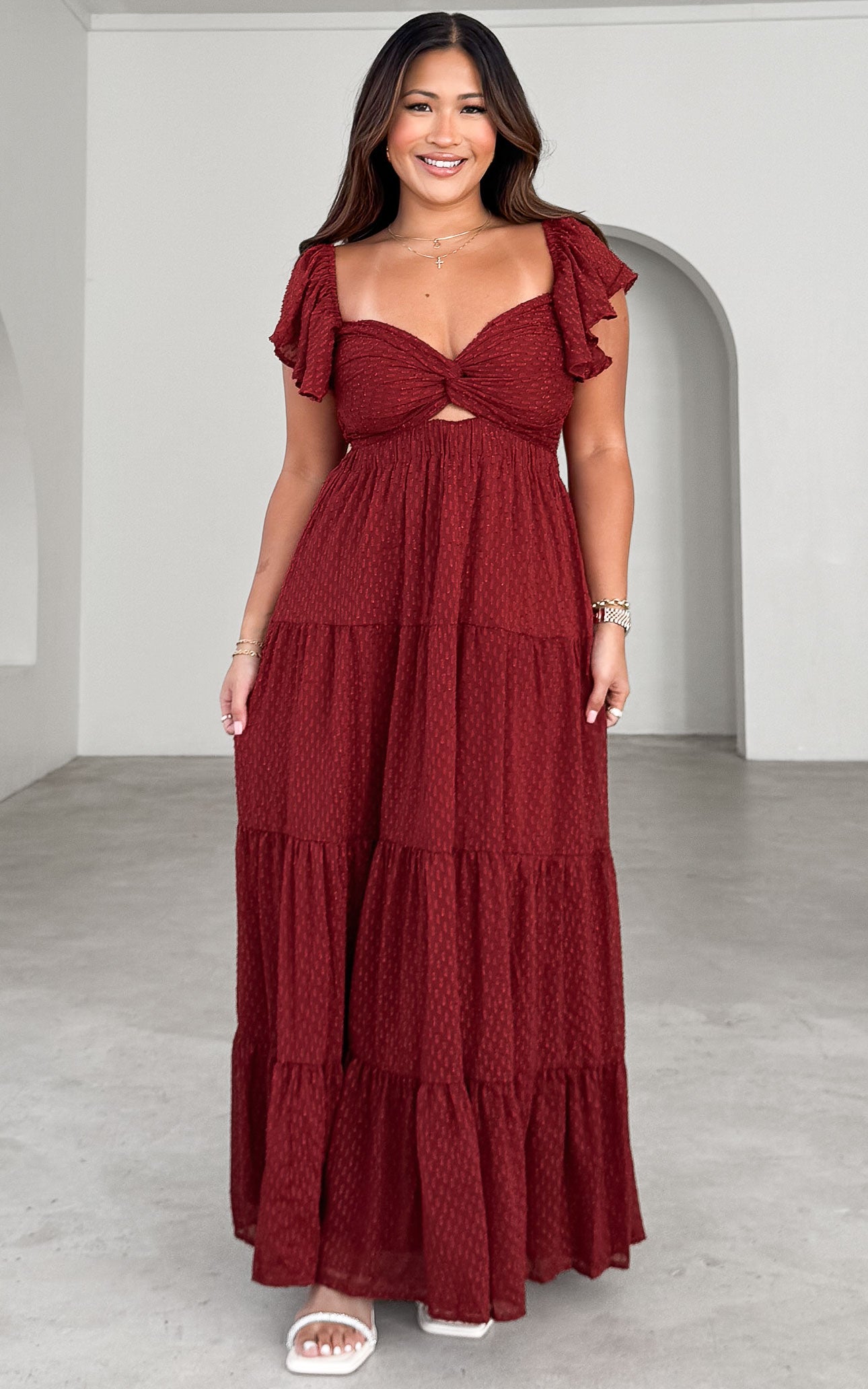 Odessey Tie Up Back Maxi Dress - Wine Texture