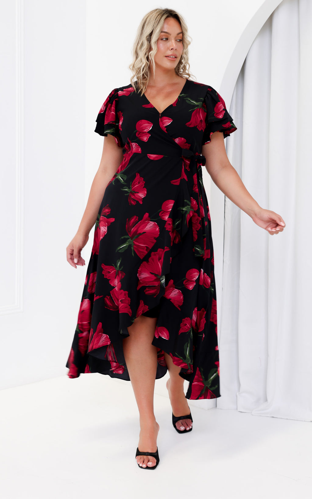 Odette Short Sleeve Wrap Maxi Dress - Black Floral